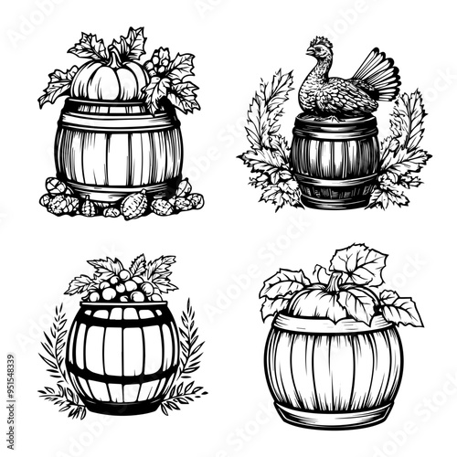 Thanksgiving Harvest Rustic Barrels with Pumpkins, Berries, and Turkey Illustration