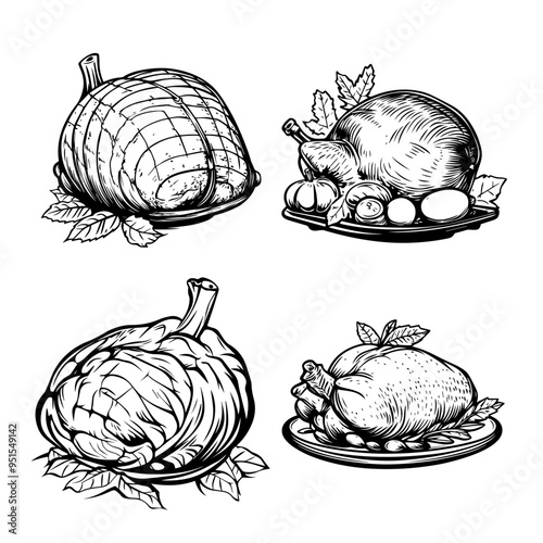 Thanksgiving Feast Hand-Drawn Illustrations of Roast Turkey, Ham, and Sides