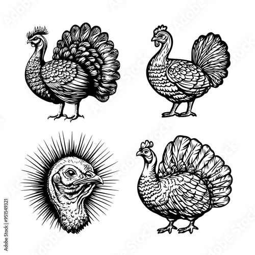 Thanksgiving Turkey and Chicken Illustrations Vintage Style Black and White Drawings