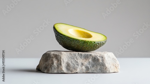 An avocado on a rugged stone podium, highlighting its natural shape and texture against the earthy backdrop. photo