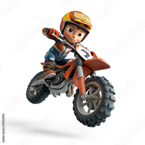 3D cartoon of a man Moto rider doing a trick on the motorbike, against a solid white background