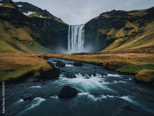 Icelandic landscape with a waterfall in the river.