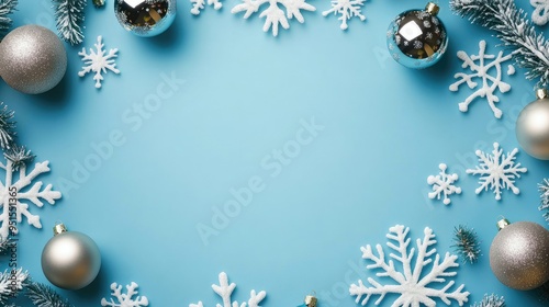blue christmas background with snowflakes and christmas balls. Copy space backgrounds