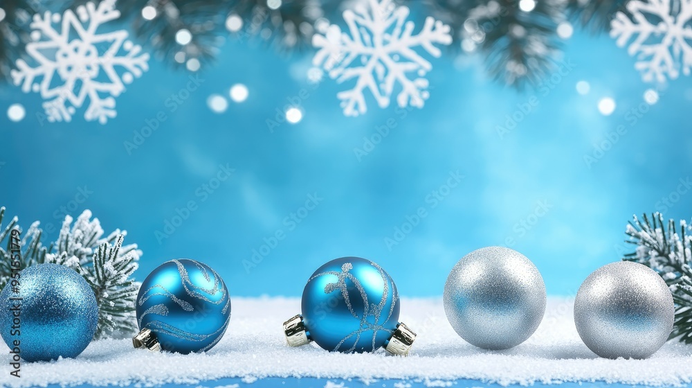 blue christmas background with snowflakes and christmas balls. Copy space backgrounds blue christmas background with snowflakes and christmas balls. Copy space backgrounds