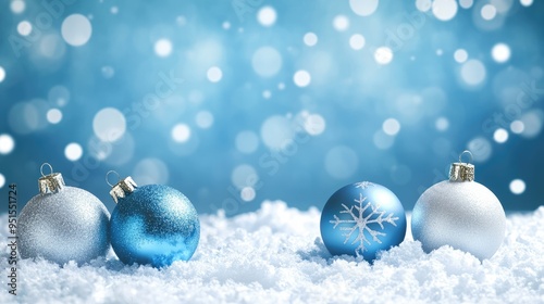 blue christmas background with snowflakes and christmas balls. Copy space backgrounds