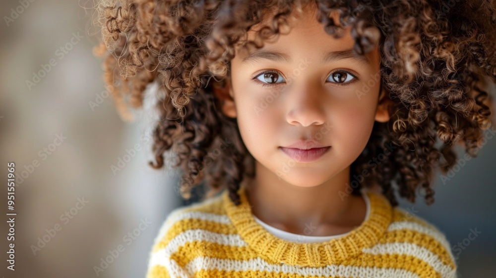 A young girl with curly hair is wearing a yellow striped sweater A young girl with curly hair is wearing a yellow striped sweater
