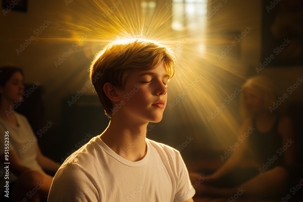 Serenity in the Studio: Teenage Boy Meditating with Aura of Calm, Sunlight Streaming Through Windows, Enhancing the Peaceful Yoga Session Serenity in the Studio: Teenage Boy Meditating with Aura of Calm, Sunlight Streaming Through Windows, Enhancing the Peaceful Yoga Session