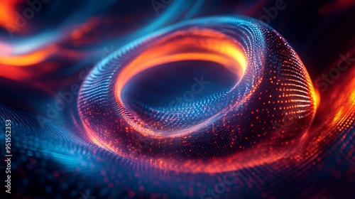 Swirling digital energy forms a mesmerizing loop of light and color