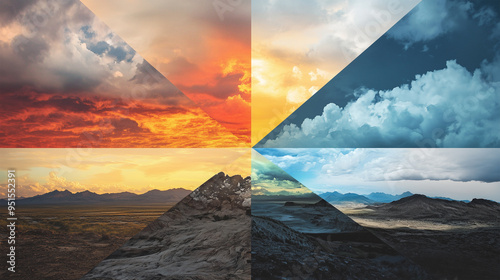 Collage display sky photos in various weather condition, banner design, weather forecast collage image, meteorology and climate change concept
