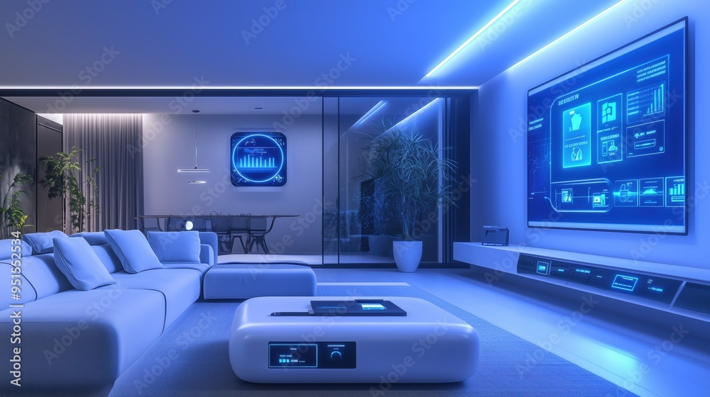 A sleek, futuristic user interface for a smart home cminimalistic design, and neon blue accents, set in a modern living room. A sleek, futuristic user interface for a smart home cminimalistic design, and neon blue accents, set in a modern living room.