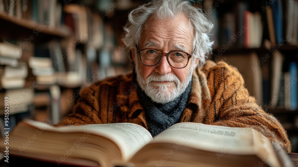 Elderly Scholar Immersed in a Book: A Portrait of Wisdom, Knowledge, and Lifelong Learning in a Cozy Library Setting Elderly Scholar Immersed in a Book: A Portrait of Wisdom, Knowledge, and Lifelong Learning in a Cozy Library Setting