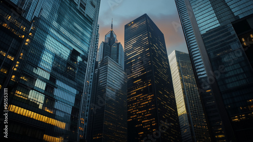 A view of a high rise glass building and a dark steel window system on a blue clear sky background. A business concept of future architecture, looking up to the sun's light on top of the building. 3D