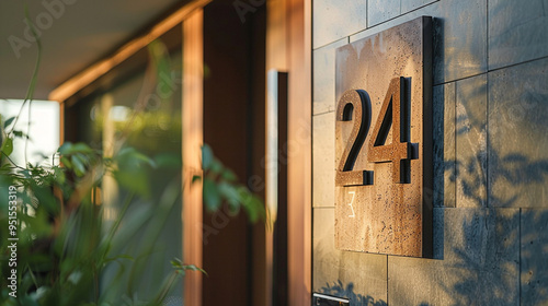 Close-up of the house's address numbers mounted on the wall, focusing on the font and material.