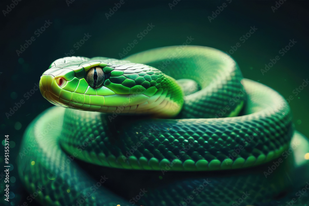 Green snake on lights background with bokeh effect for card and invitation design.