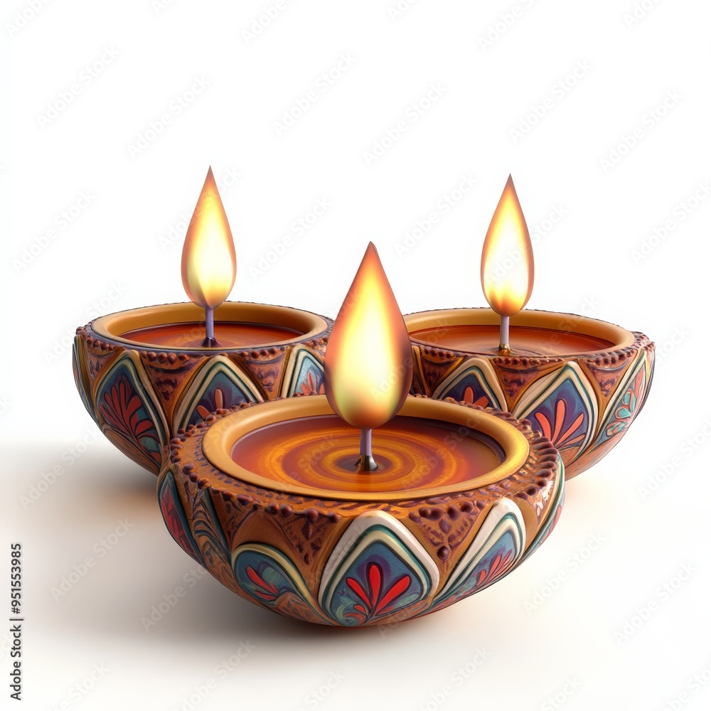 Three Traditional Indian Diyas with Flames. Three Traditional Indian Diyas with Flames.