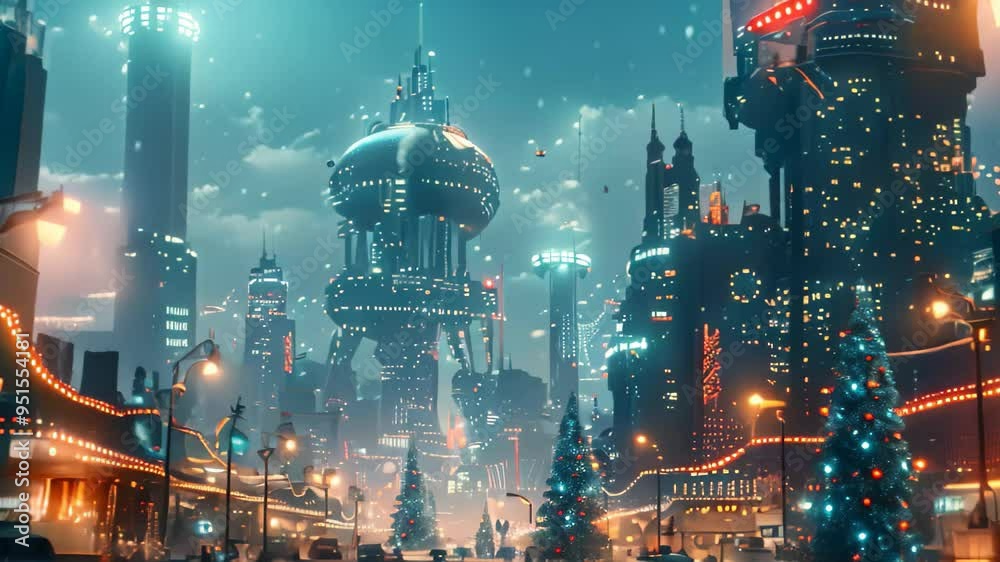 A futuristic cityscape with Christmas lights and a flying robot, A futuristic cityscape with high-tech gadgets and robots celebrating the holiday season A futuristic cityscape with Christmas lights and a flying robot, A futuristic cityscape with high-tech gadgets and robots celebrating the holiday season