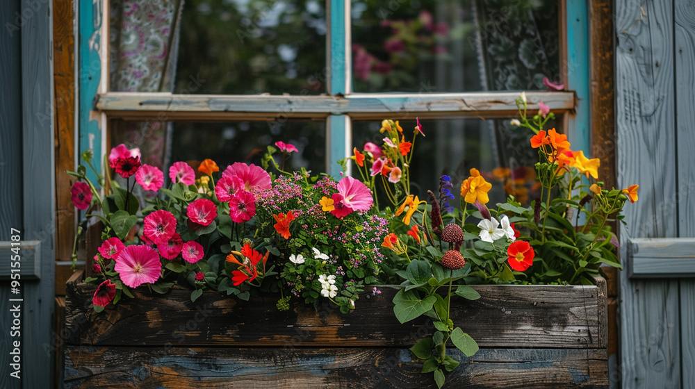 A close-up shot of a flower box attached to the window, filled with vibrant flowers, focusing on the wood and plant textures. A close-up shot of a flower box attached to the window, filled with vibrant flowers, focusing on the wood and plant textures.
