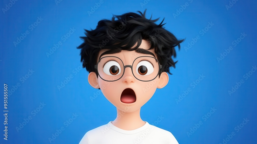 Surprised cartoon boy with glasses, wide-eyed expression against a blue background, perfect for children's content and educational themes. Surprised cartoon boy with glasses, wide-eyed expression against a blue background, perfect for children's content and educational themes.