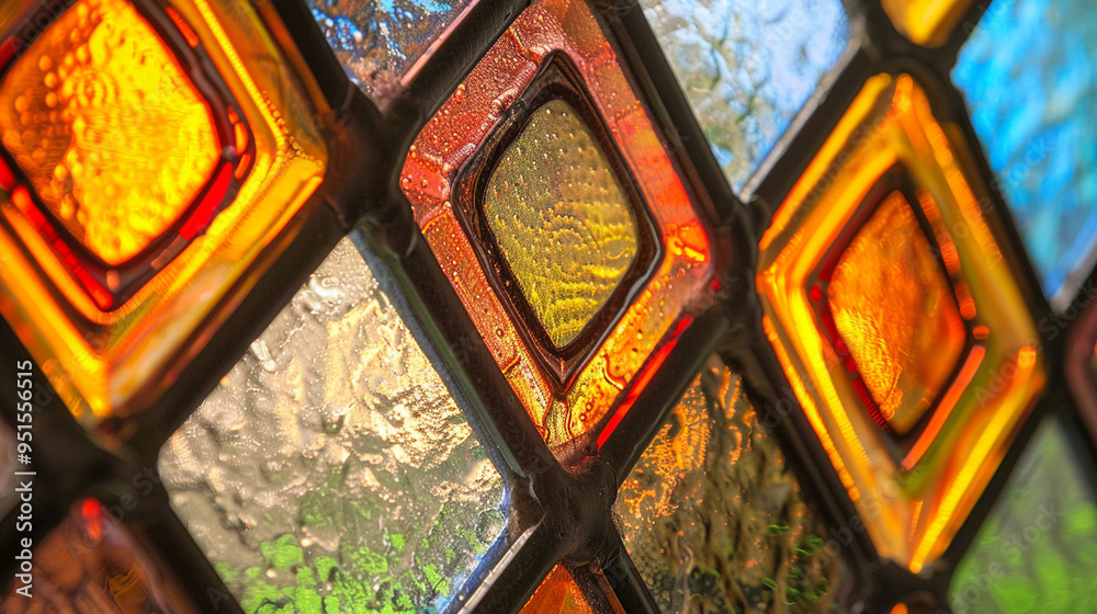 Close-up of a stained glass window on the house, highlighting the colors and patterns in the glass. Close-up of a stained glass window on the house, highlighting the colors and patterns in the glass.