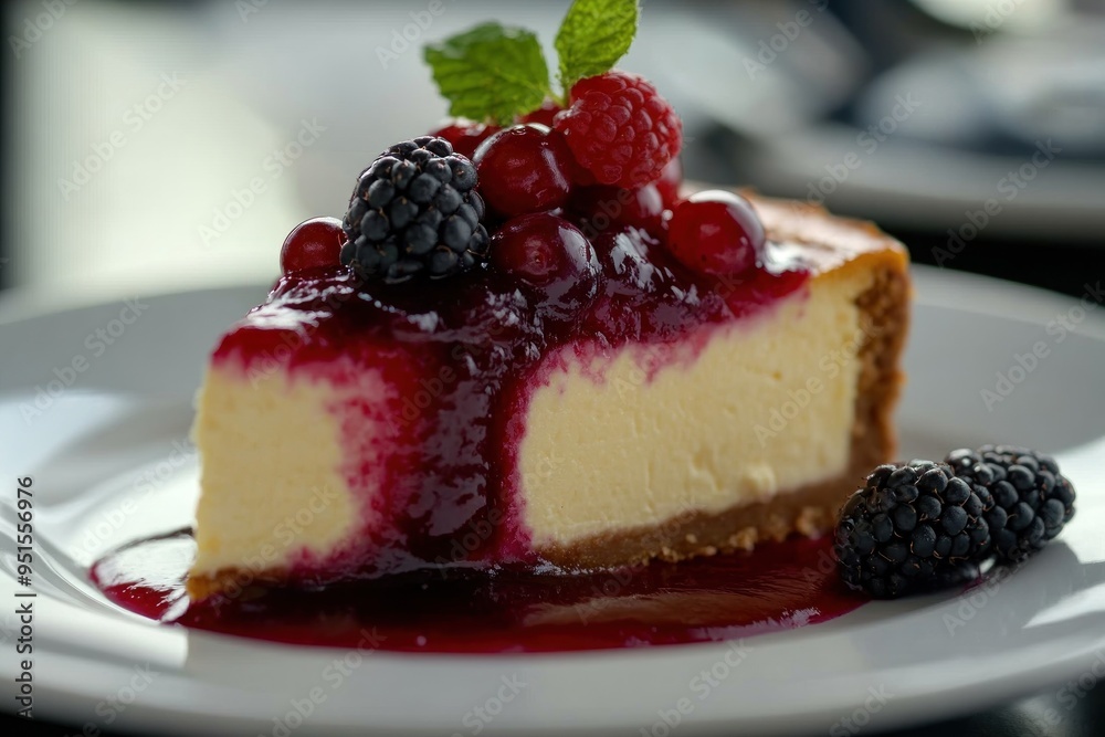 A Slice of Cheesecake with Berries and Sauce A Slice of Cheesecake with Berries and Sauce
