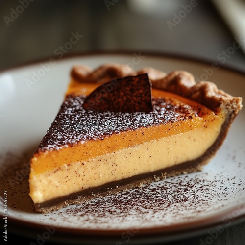 Slice of Pumpkin Pie: A tempting slice of pumpkin pie, with a flaky crust, a creamy filling, and a dusting of cinnamon, is the perfect way to end a meal. 