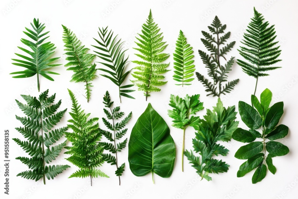 A collection of various green leaves, including ferns, palms, and other plant types A collection of various green leaves, including ferns, palms, and other plant types