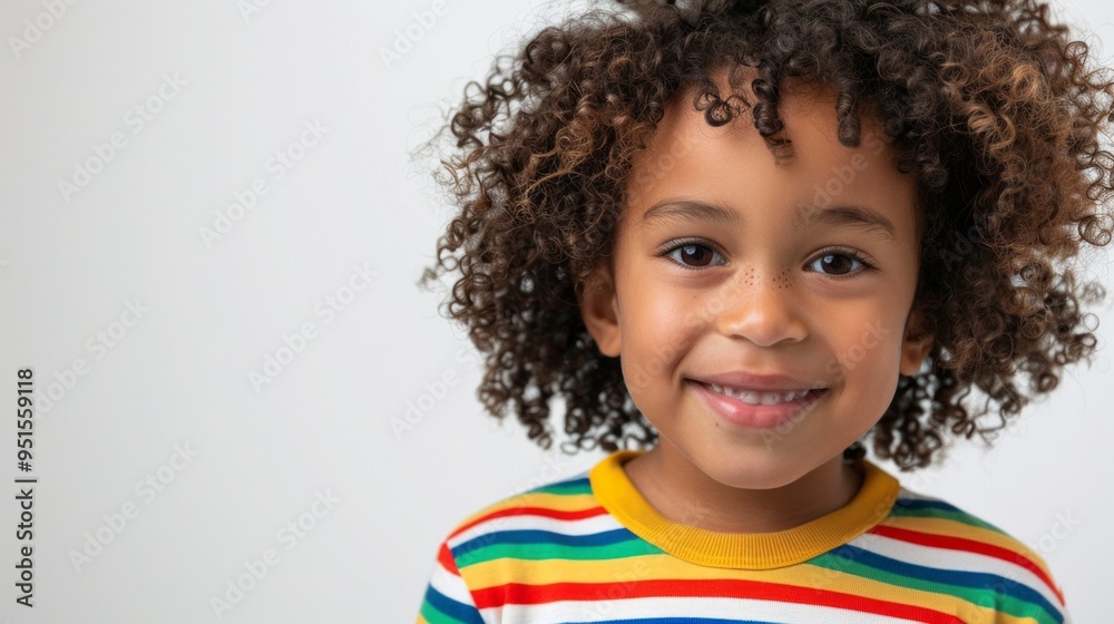 A young child with curly hair is smiling and wearing a striped shirt A young child with curly hair is smiling and wearing a striped shirt
