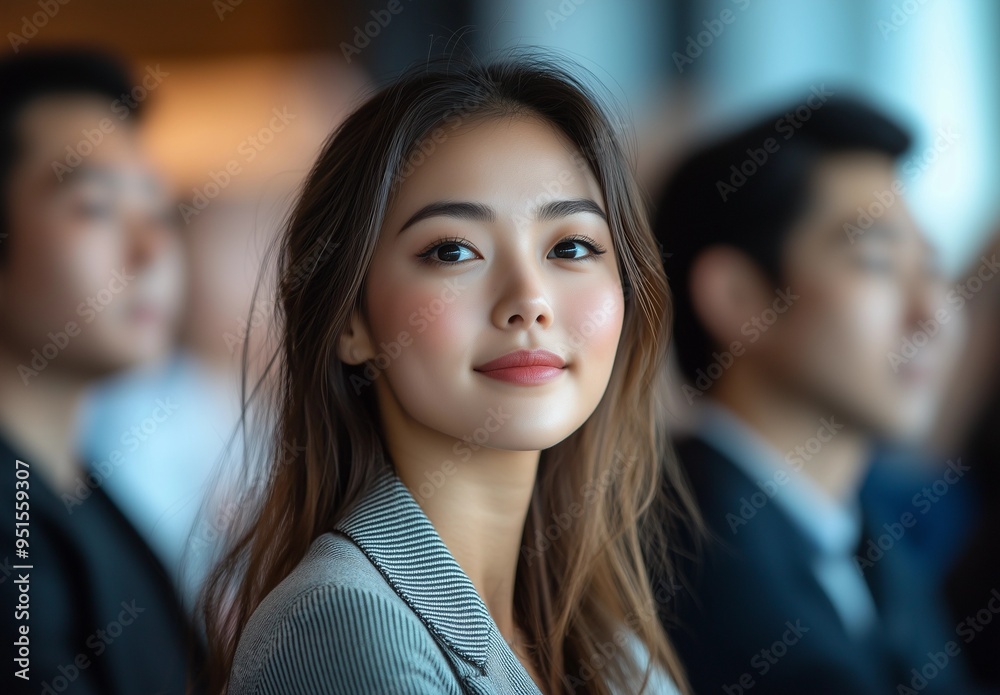 Diverse Group of Business Professionals Attending a Training Workshop, with a Focus on an Asian Woman Smiling During the Presentation in a Conference Room Diverse Group of Business Professionals Attending a Training Workshop, with a Focus on an Asian Woman Smiling During the Presentation in a Conference Room