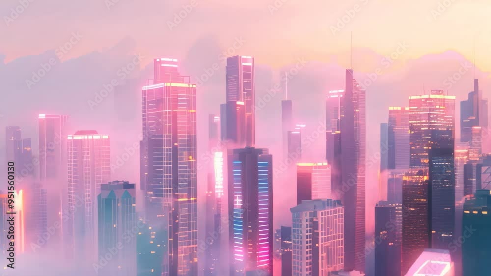 A digital video of a futuristic city at sunset with neon pink lights reflecting in the water, A futuristic cityscape with neon pink lights against a pastel background A digital video of a futuristic city at sunset with neon pink lights reflecting in the water, A futuristic cityscape with neon pink lights against a pastel background