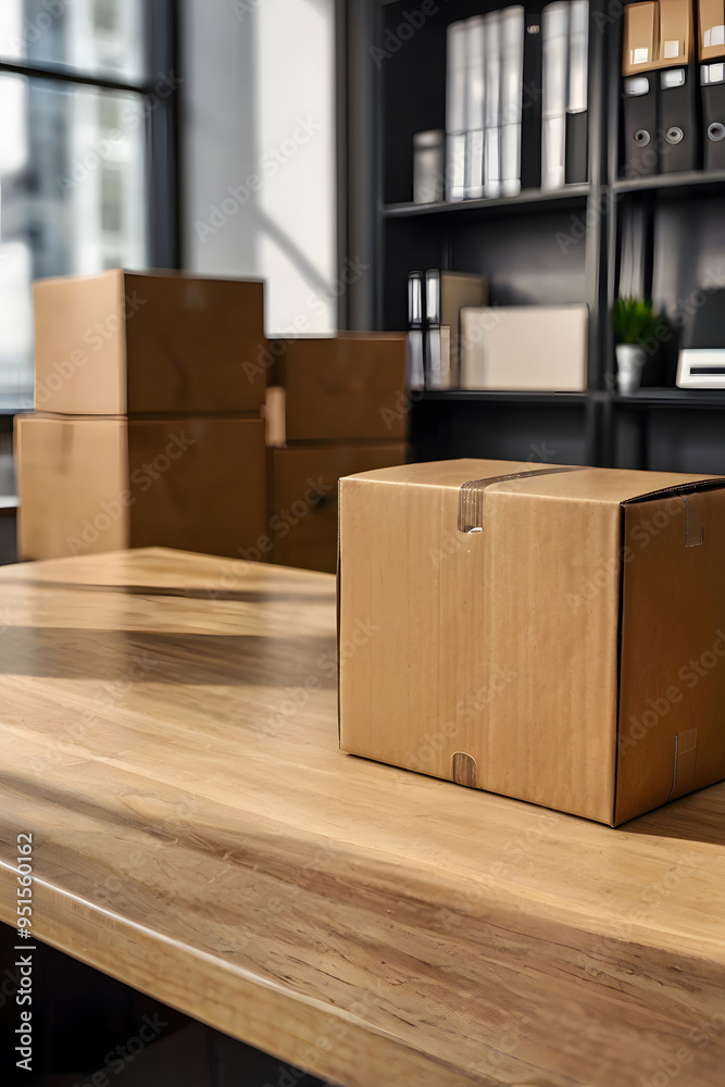 Parcel box placed on table in office, close-up