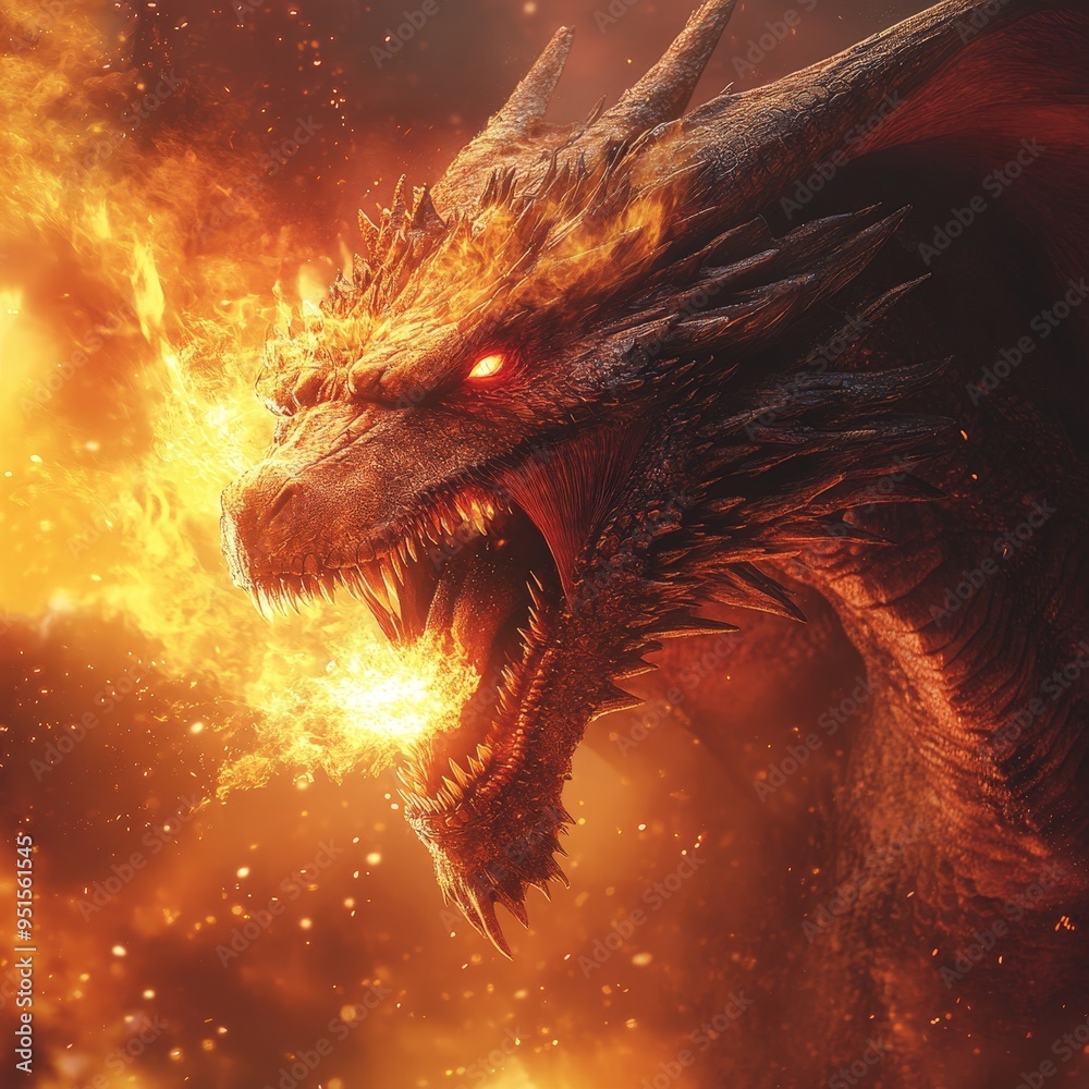 Fierce Dragon Roaring with Flames in Intense Close-Up Fierce Dragon Roaring with Flames in Intense Close-Up