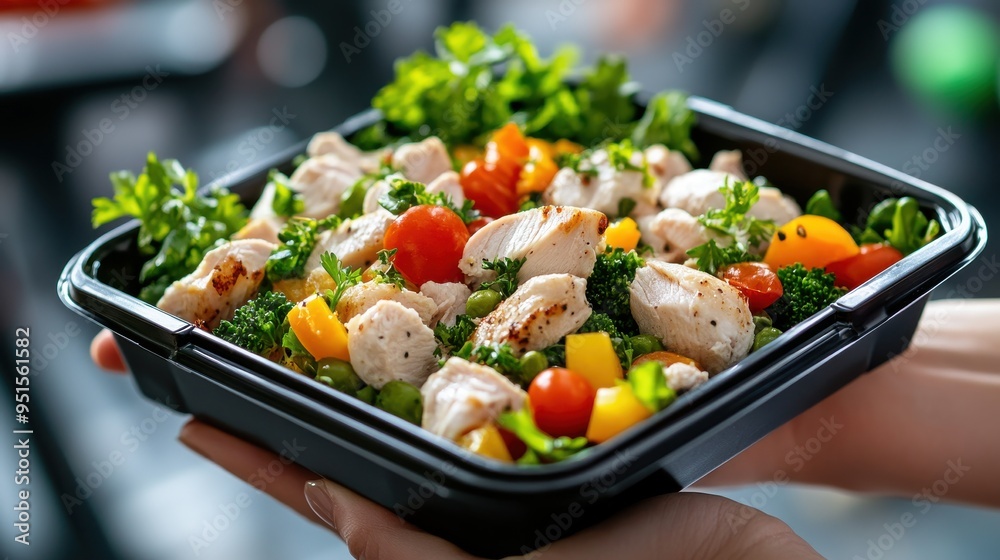 Close-up of chicken salad in black box held by sporty woman in gym, healthy food concept Close-up of chicken salad in black box held by sporty woman in gym, healthy food concept