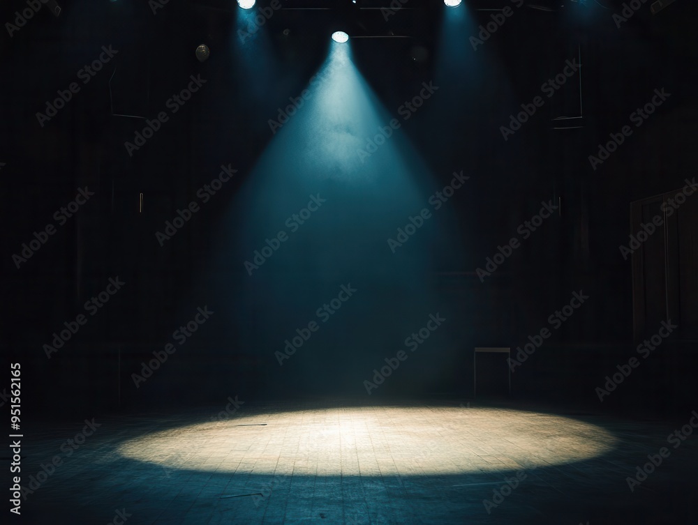 Obraz premium Dramatic stage lighting with a spotlight illuminating the empty stage, creating an atmosphere for performance and creativity.