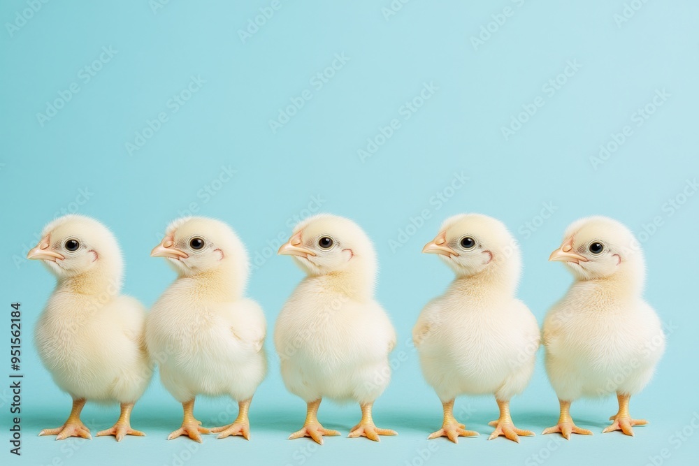 Adorable lineup of fluffy yellow chicks on blue background Adorable lineup of fluffy yellow chicks on blue background