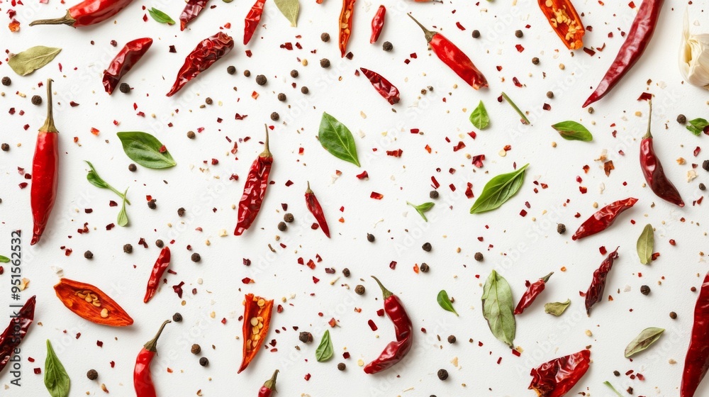 An artistic arrangement of dried chili peppers, scattered spices, and herbs like oregano and cumin, creating a visually appealing pattern on a crisp white surface. An artistic arrangement of dried chili peppers, scattered spices, and herbs like oregano and cumin, creating a visually appealing pattern on a crisp white surface.