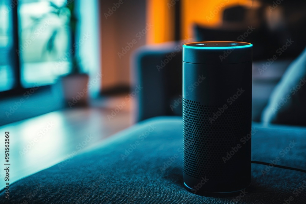 Smart Speaker with Blue Light Ring on a Couch Smart Speaker with Blue Light Ring on a Couch