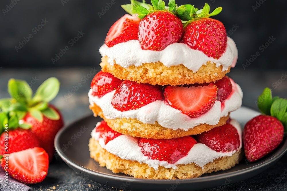 Delectable strawberry shortcake dessert on plate Delectable strawberry shortcake dessert on plate