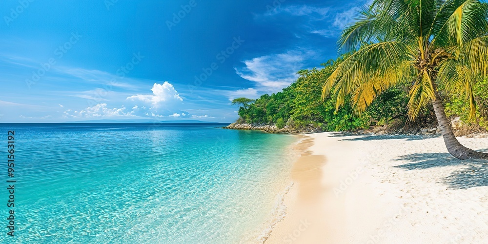 Fototapeta premium A beautiful exotic beach with palm trees, white sand and blue