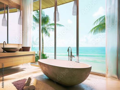 Luxury polynesian style bath room. Emerald color ocean view outside the window. Spacious bath tub.