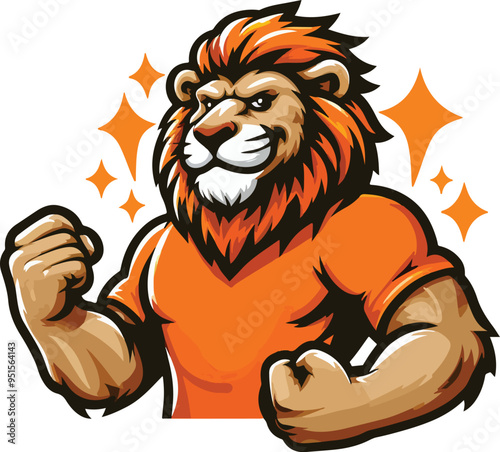 ion mascot clenching his fist, in a orange t-shirt, full body, flat design style 1