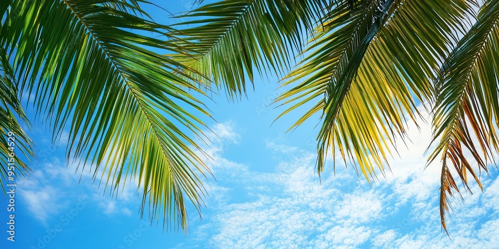 Fototapeta premium Coconut palm tree leaves and blue sky 