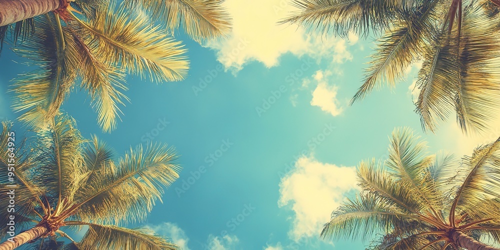 Looking up at blue sky and palm trees, view from below, vintage style, tropical beach and summer background, travel concept Looking up at blue sky and palm trees, view from below, vintage style, tropical beach and summer background, travel concept