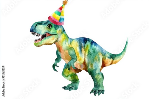 Fototapeta Naklejka Na Ścianę i Meble -  Watercolor dinosaur with party hat celebrating
