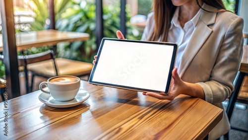  mockup image of a woman holding digital tablet