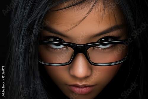 Determined young woman with glasses on dark background