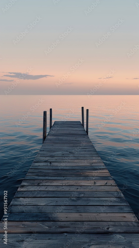 Wooden Dock Leading to Calm Water at Sunset