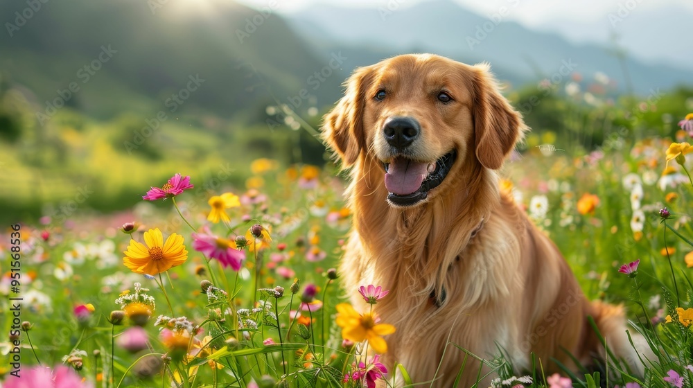 A golden retriever enjoying a sunny day in a vibrant flower field, radiating happiness and beauty in nature. A golden retriever enjoying a sunny day in a vibrant flower field, radiating happiness and beauty in nature.