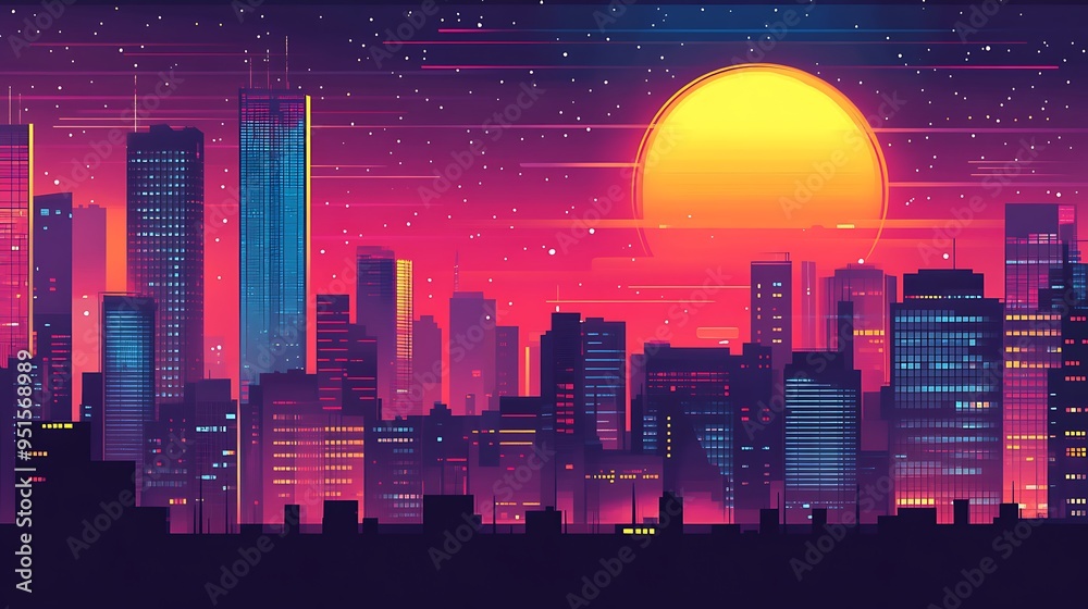 A vibrant cityscape at night with a large, dark sky for text