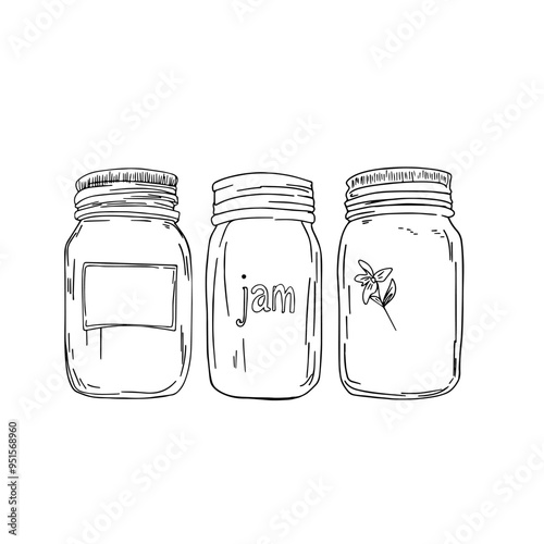 A set of fruit jam in glass jars. Vector minimalism flat illustration with free space. Isolated on a white background drawn with shit