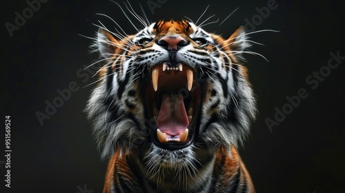 A majestic tiger roaring with ferocity, showcasing its powerful jaws and striking features in a dramatic, dark setting. photo